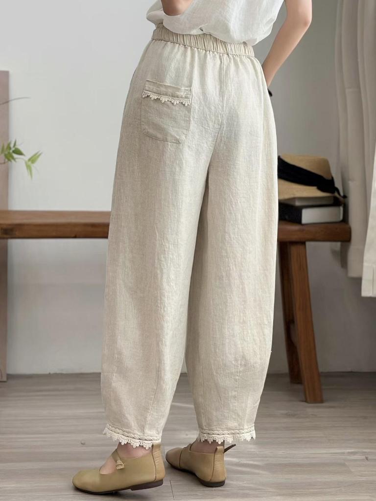 2026 Spring Women's Loose Linen Casual Harem Pants - Slimming, Versatile, Solid Color, Elastic Waist.