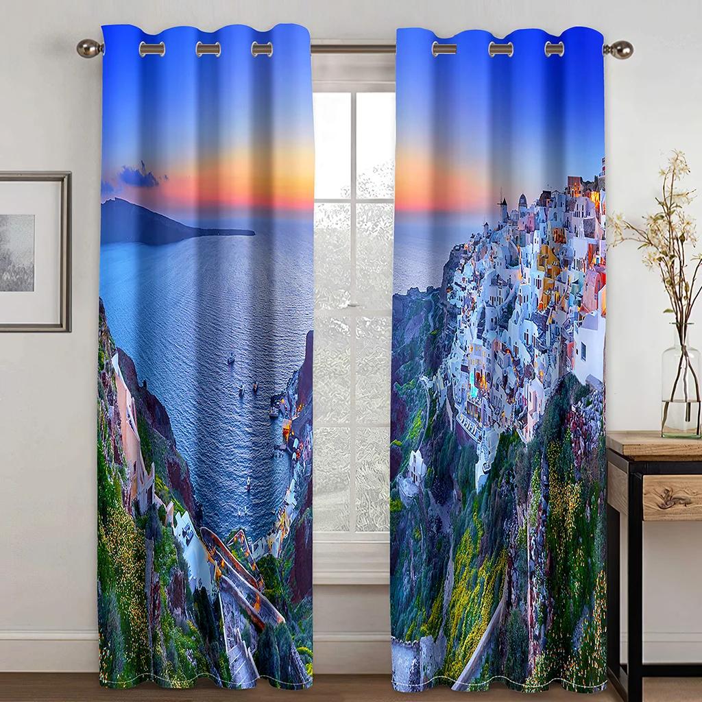Vacation Style High Shading Curtain Aegean Sea Santorini Island Beach Blackout Curtains for Bedroom Living Room Hotel Window