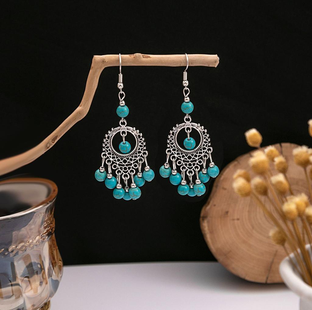 Retro Round Hollow Ethnic Style Earrings, Bohemian Style Tourist Attractions, Turquoise Fringed Earrings For Women