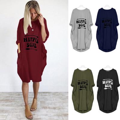 Womens Dresses Summer Casual Plus Size V-Neck Long Sleeve Gradient Print Cotton Linen T Shirt Maxi Dress with Pocket