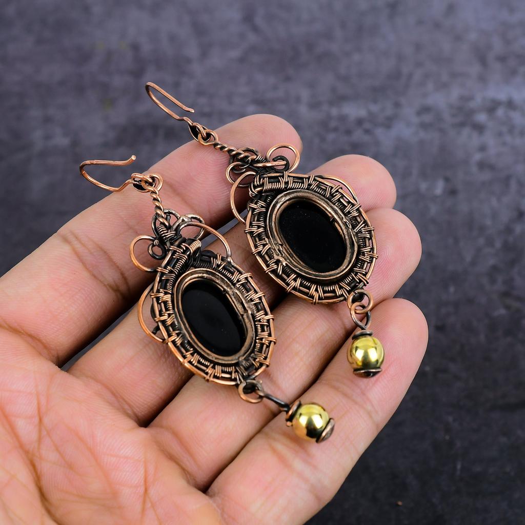 Schwarzer Onyx Handgefertigter Kupferdraht Wicklung Schmuck Ohrring 3,35" s3e37