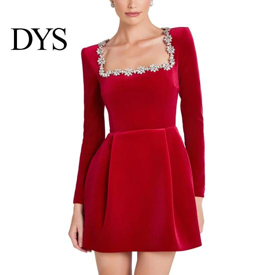 Long Sleeve Mini Dress Women Square Collar Beaded Flower Decor Formal Short High Waist Above Knee Length