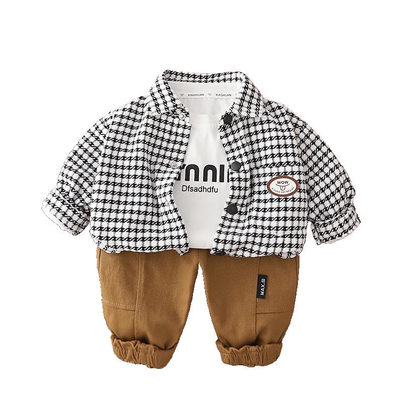 2025 Autumn Boys' Houndstooth Long Sleeve Three-Piece Set with Casual Denim Pants