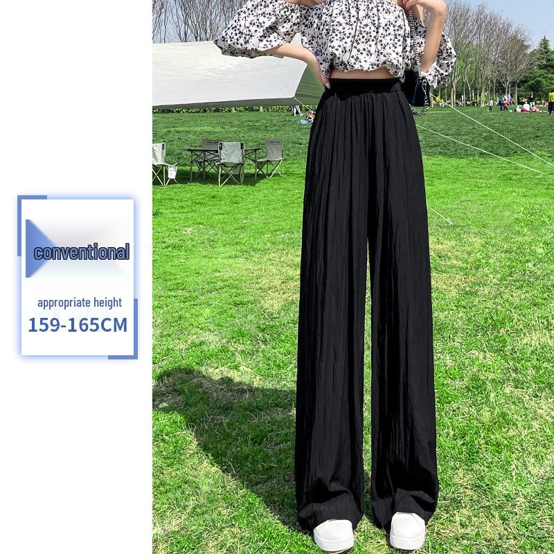 Women's Navy Blue Ice Silk Wide-Leg Pants: High-Waisted, Lightweight, Sun-Protective, Casual Trousers.