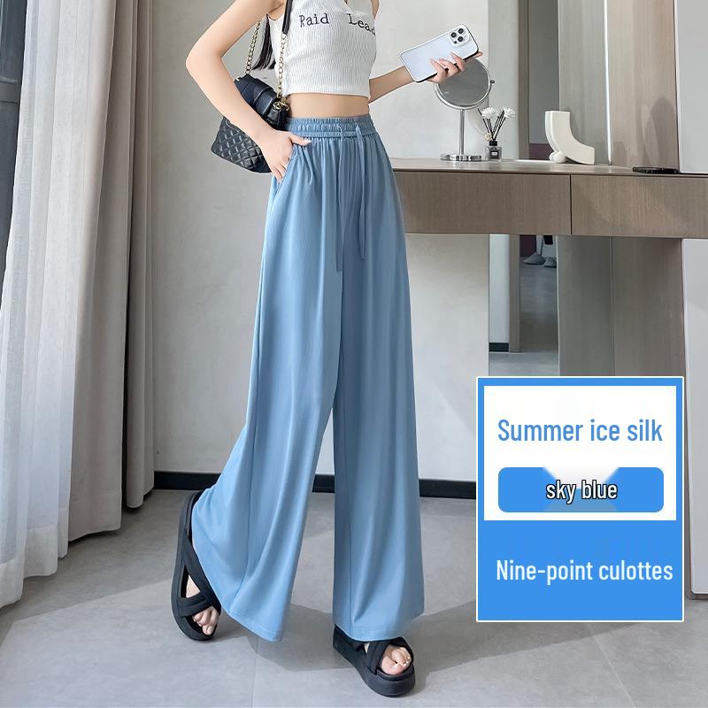 High-Waisted Ice Silk Women's Culottes - Lightweight, Wide-Leg, and Slimming Nine-Point Pants for Summer.