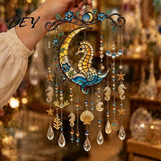 Stained Glass Style Suncatcher Ocean-Themed Crystal Wind Chime, Acrylic Jellyfish Seahorse Pufferfish Hanging Ocean Theme Chimes with Prism