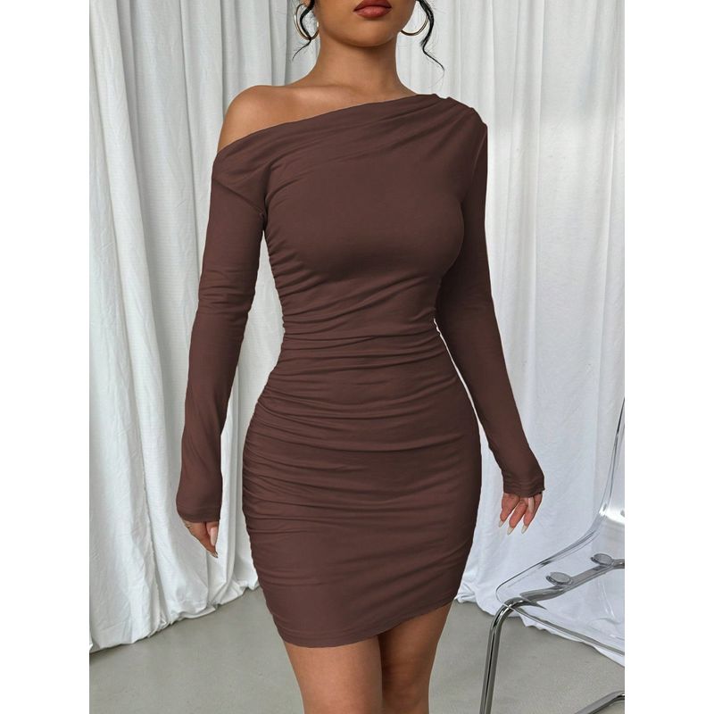 

New Fashion Long Sleeve Dress European and American New Fashion Casual Sloping Shoulder Slim dress Coffee XL