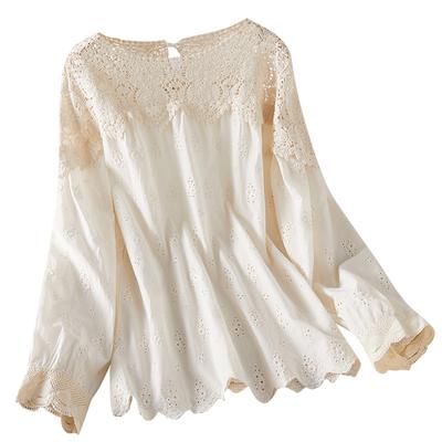 Spitze Hohlhemd für Damen Langarm Frühling Neuer Stil Design Nische Einzigartig Reines Baumwollhemd für Damen