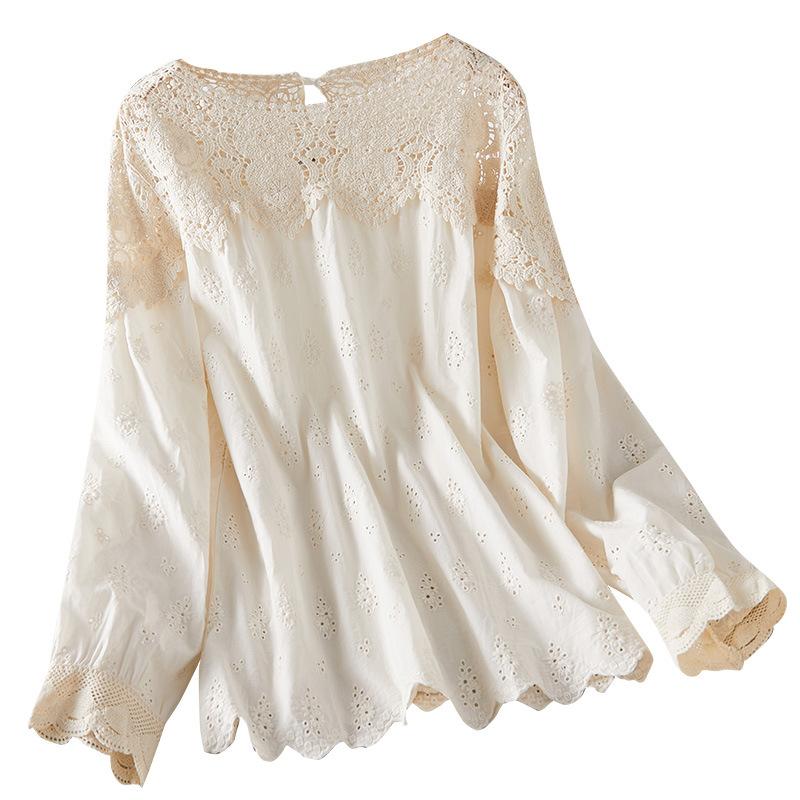 Apricot Lace Hollow Shirt for Women Long-sleeved Spring Clothes New Design Niche Top Chic Cotton Shirt