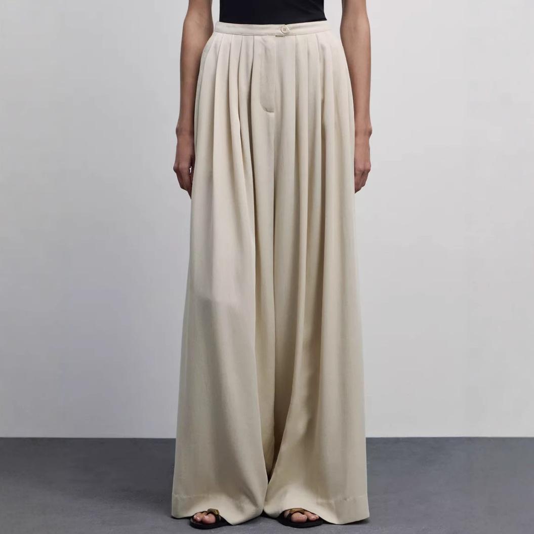 

Women s Fashion Casual Wide-Leg Long Pants with Pleats and Draped Casual Floor-Length Pants L абрикосовий
