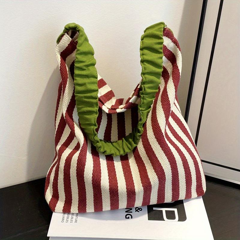 Large Capacity Striped Tote Bag Stylish Yellow & Blue Vertical Stripes, Spacious Shoulder Bag with Ruffled Detail, Perfect for Casual Shopping Bag