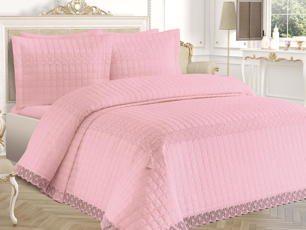 Roza Quilted Bedspread Set 3pcs, Coverlet 250x260, Pillowcase 50x70, Double Size, Laced, Powder