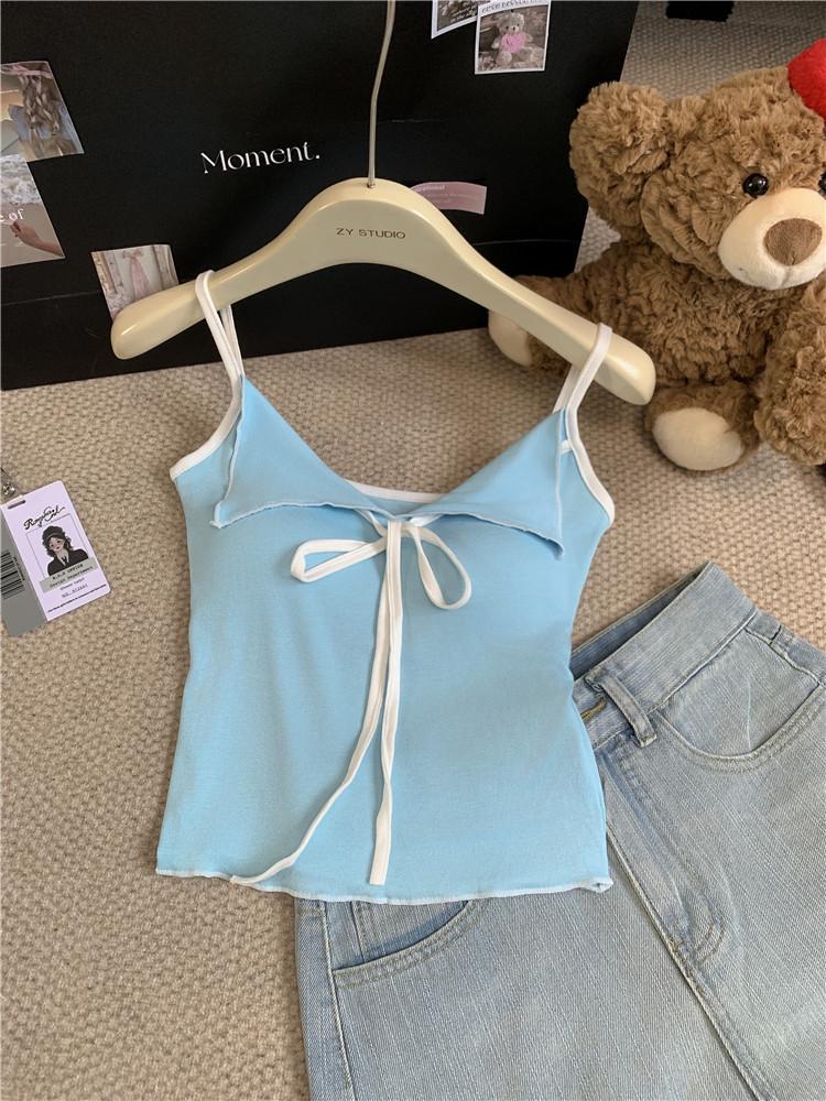 2024 Letní dámský sexy kontrastní top s mašlí a vycpávkami na prsou