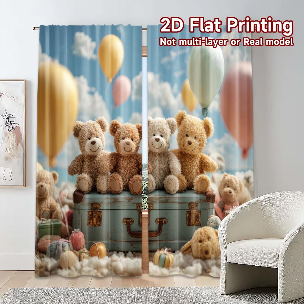 2pcs, 2D FLAT PRINTING Curtains (Without Rod) Teddy Trio Chic Curtain Cloth Prints Light Filtering Curtains Thermal Insulation,