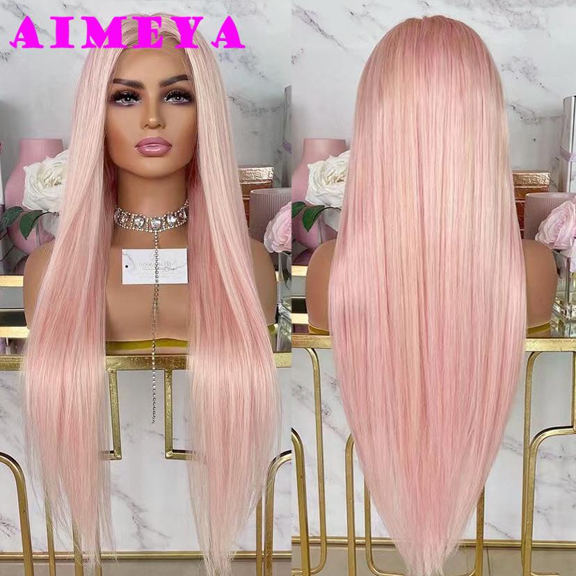 AIMEYA Light Pink Long Straight Wig Synthetic Hair Pink Lace Front Wigs Heat Resistant  Wig Silky Straight Pink Hair