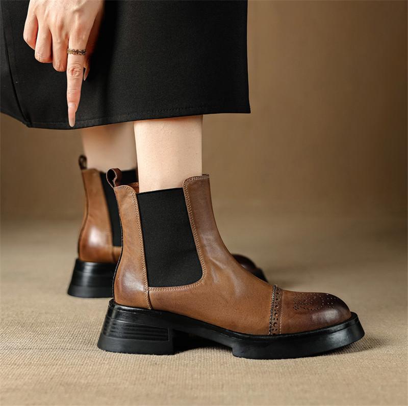 Fashion New Autumn/winter Genuine Leather Women Boot Round Toe Shoes for Women Fashion Brogue Designs Chelsea Boots Mid Heel Short Boots