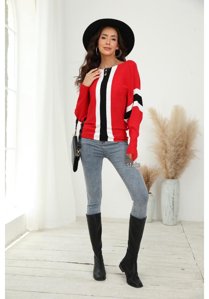 2023 Fall/Winter Women's Plus Size Ribbed Batwing Sweater - One-Shoulder Loose Striped Top