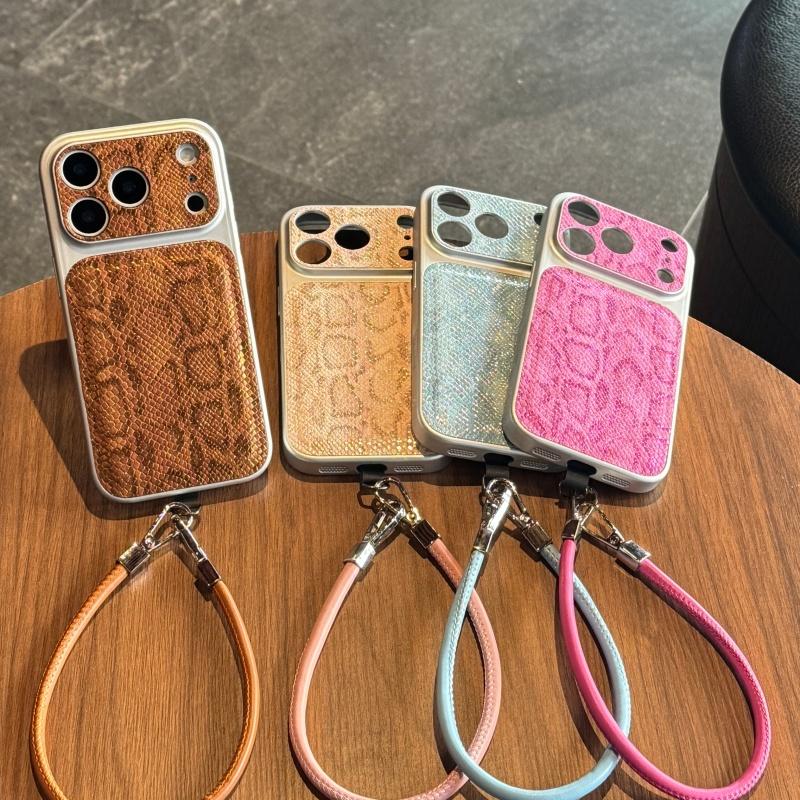 Premium Leather Strap Snakeskin Pattern Plating Case for iPhone 17 16 15 14 Pro Max Shockproof Armor Business Glossy Phone Cover