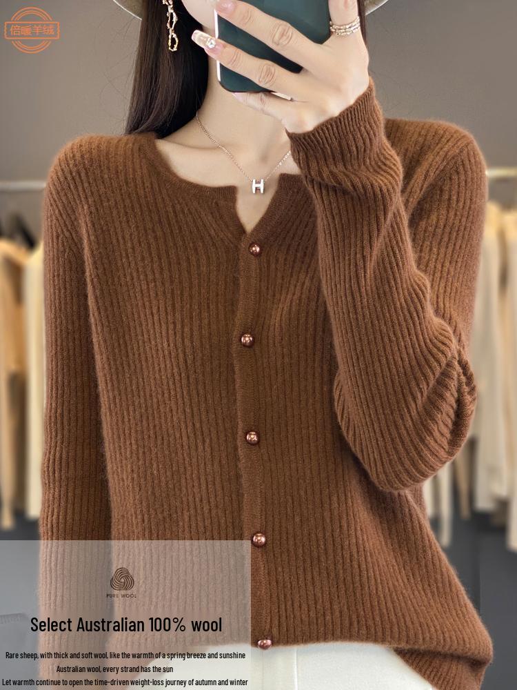 Women's Striped Wool Cardigan - New Autumn/Winter Style, Half-Open Collar, Short, Slimming Knit Cashmere Jacket