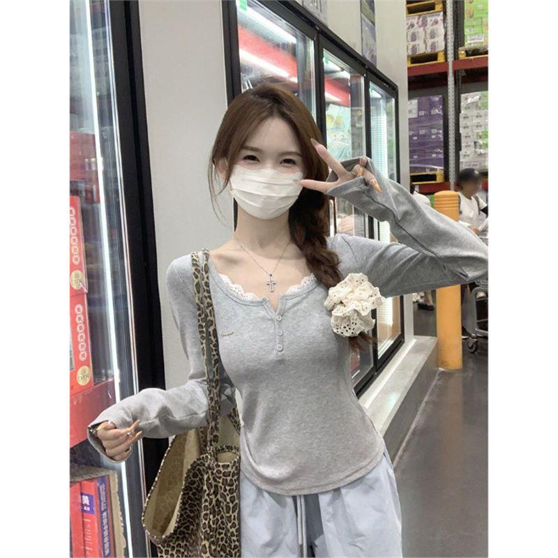 

Lace-Trimmed Half-Collar Long-Sleeve Slim-Fit Women s Autumn T-Shirt L