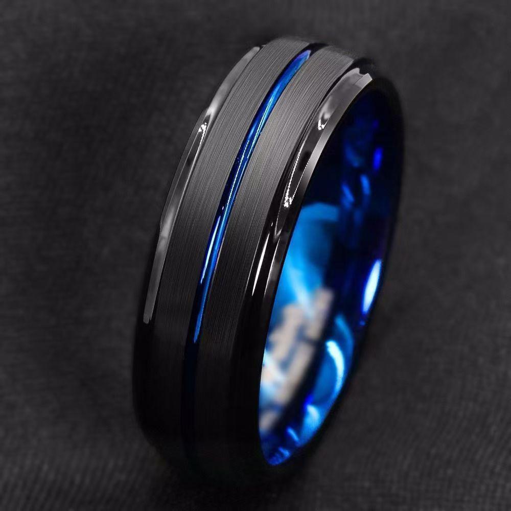 8 mm Breite Herren Titanstahl Gerillter Ring Europäischer & Amerikanischer Stil Mehrtonig Blau Schmuck Trendige Herren Accessoires 2024