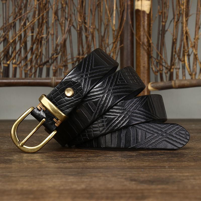 Belt Women's Retro Fashion Trends Distressed Embossed Washed Leather Pin Buckle First Layer Cowhide Jeans Belt Women's