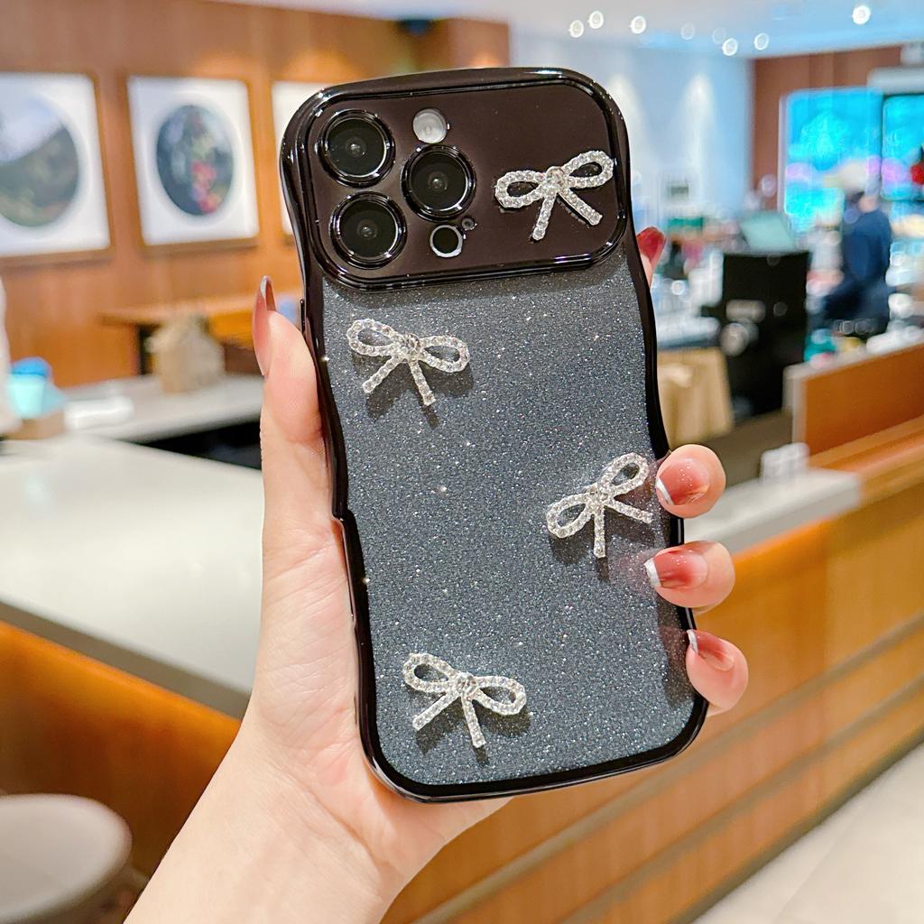 Pro iPhone 16 Pro Pouzdro Galvanizovaný Vlnitý Rám Třpytivé TPU Kryt na Telefon s Kamínkovou Mašlí Dekor