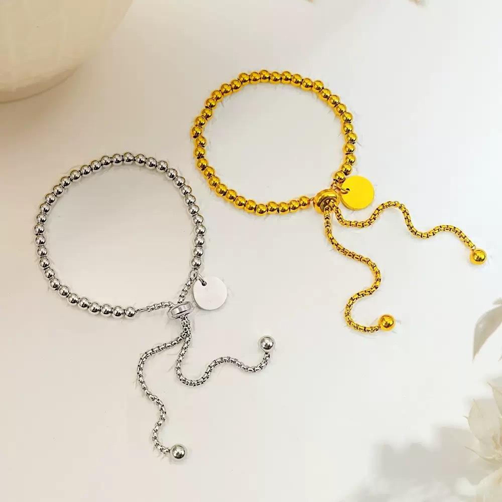Korean Pull Adjustable Bracelets Women Dainty Rounded Beads Metal Chain Minimalist Gold Bangle Jewelry Waterproof ALN2601001610