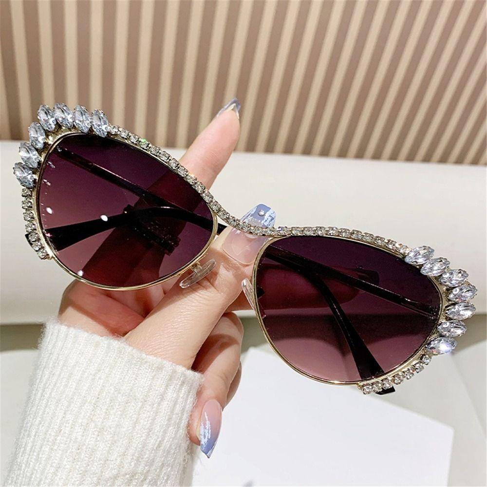 Fashion Cat-Eye Rhinestone Embellished Metal Sunglasses Street Style UV Protection Women's Shades Ladies Street Shooting Eyewear