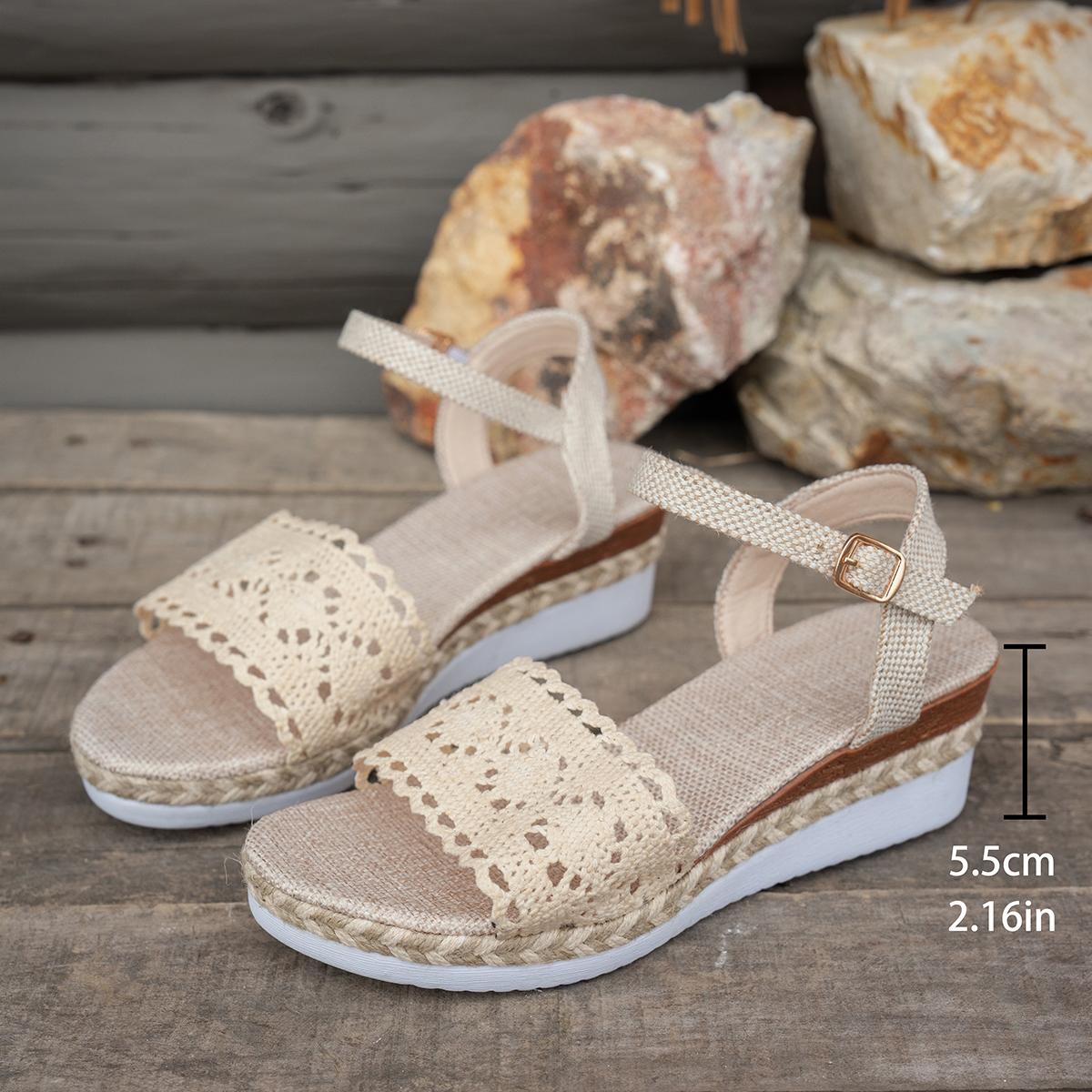 

Босоножки Женские Плетеный Узел Пуговица Ремешок на Щиколотке Клиновидные Босоножки Льняная Клинка Летний Элегантный Каблук Платформа Женская Обувь 43