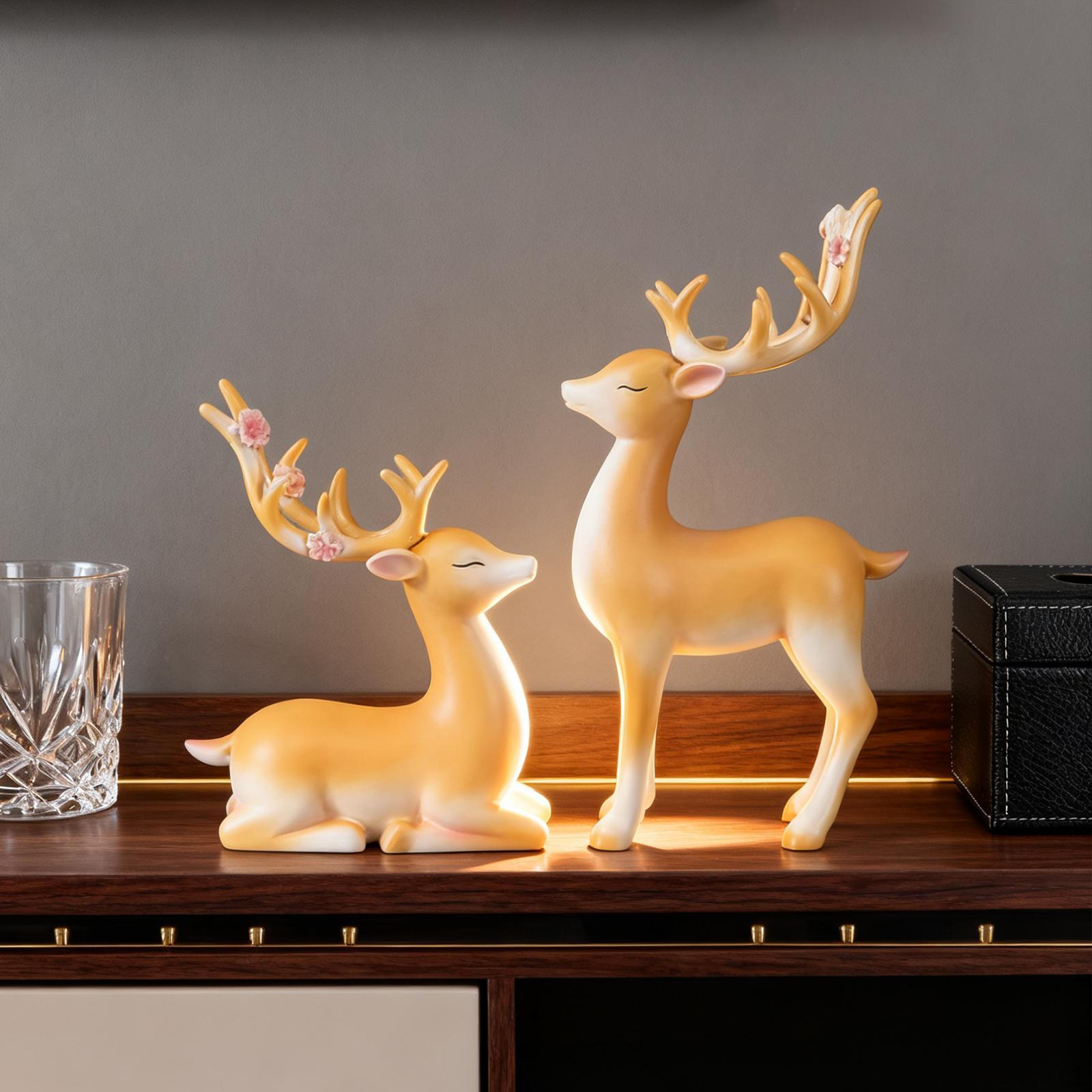 

2 Pieces Reindeer Figurines Elk Sculptures Rustic Tabletop Ornaments Sitting Standing Deer Statues жёлтый