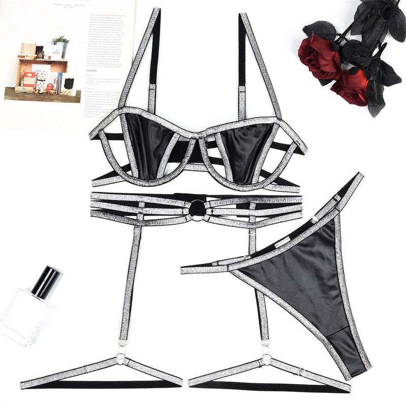 

Aduloty женское сексуальное женское белье эротическое нижнее белье комплект из трех предметов с золотым и серебряным шелковым краем из искусственной кожи сексуальный бюстгальтер S чёрный/белый