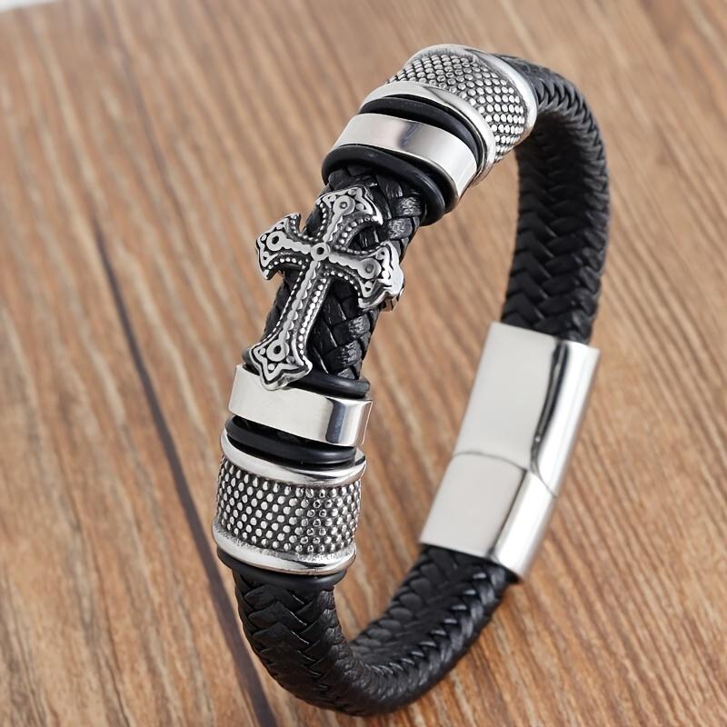 1Bohemian faux leather men's bracelet Vintage Stainless Steel Engraved Cross Holiday Bracelet Unique religious faith bracelet Fashion Jewelry