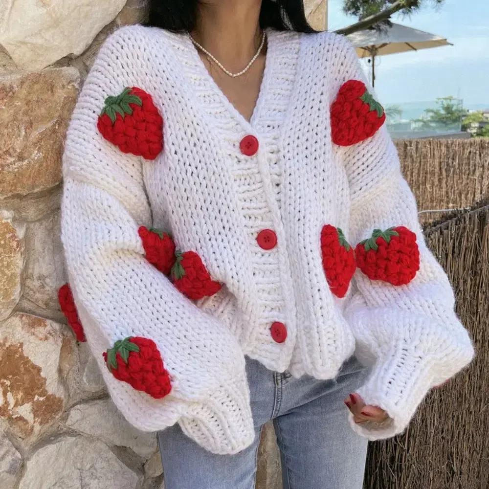 

Puff Sleeve Sweet Knitwear Coats White Fall Tops for Women Spring Autumn M червоний