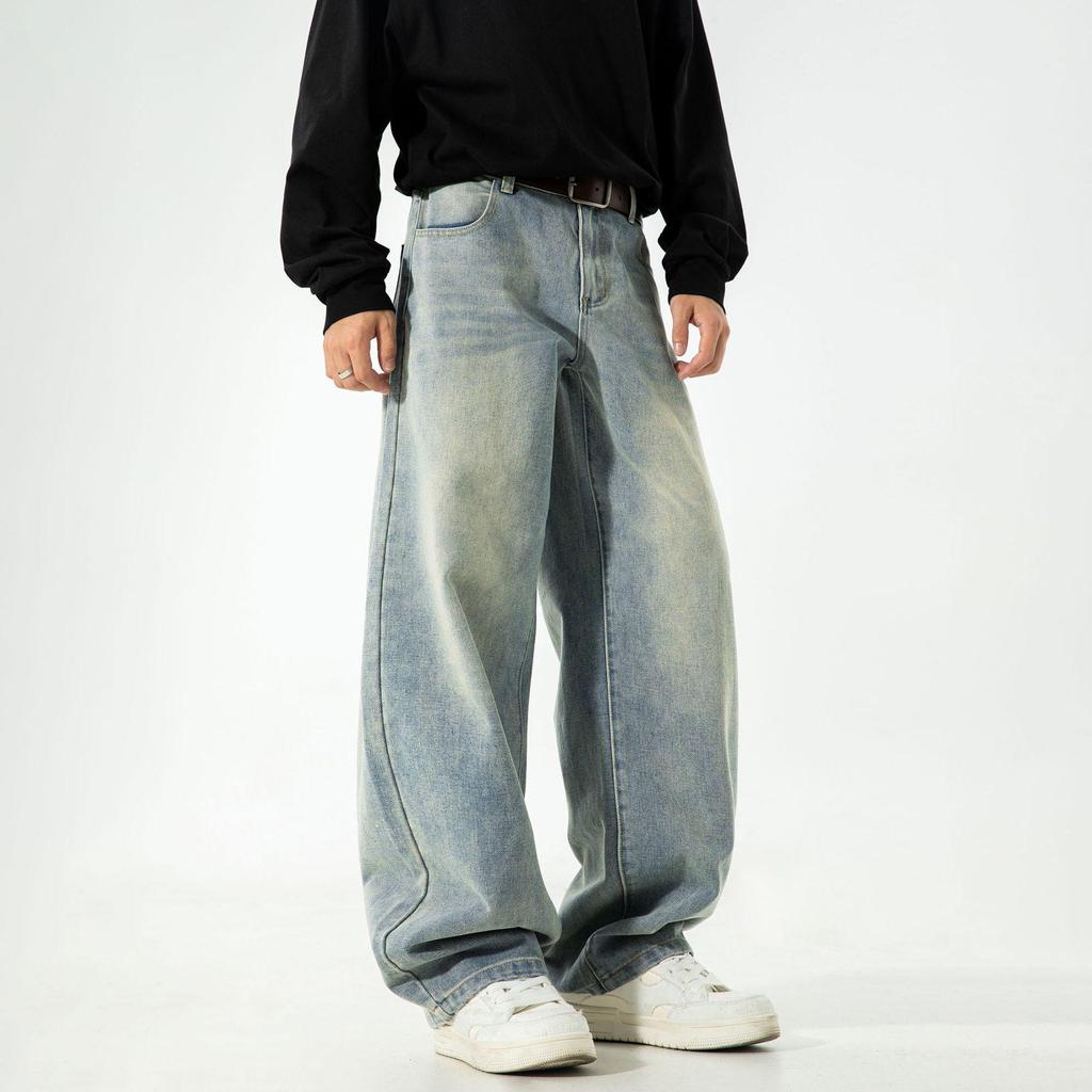 Men's Retro Silhouette Washed Jeans - Autumn High Street Style, Loose Straight Leg Trousers