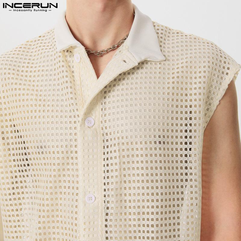 INCERUN Men Summer V Neck Sleeveless Hollow Tank Tops See Through Mesh Vest