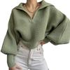 Women Polo Collar Drop Shoulder Jumper V Neck Short Sleeve Knitted Top Cropped Casual Solid Color Sweater Grey