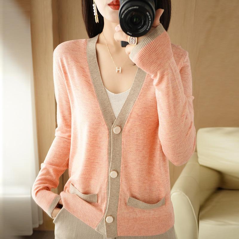 

Spring V-neck Loose Knit Cardigan Women s Long Sleeved Thin Sweater Base Top XXL розовый