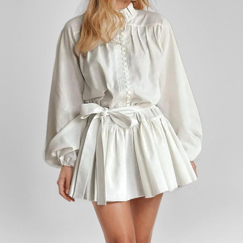 Women Elegant High Waist Tied Printed Long Sleeve A Line Short Dress