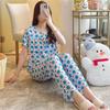 Artificial Cotton Pajamas Women's Spring and Summer Anti-bump Cotton and Silk Loungewear Suit Summer Cute Plaid Large Size Pajamas Outside Wear