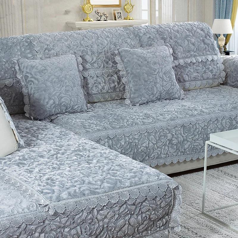 Soft Rose Plush Sofa Cover With Lace Winter Thickening Warm Plush Cushions Non-Slip Living Room Leather Sofa Backrest Armrests