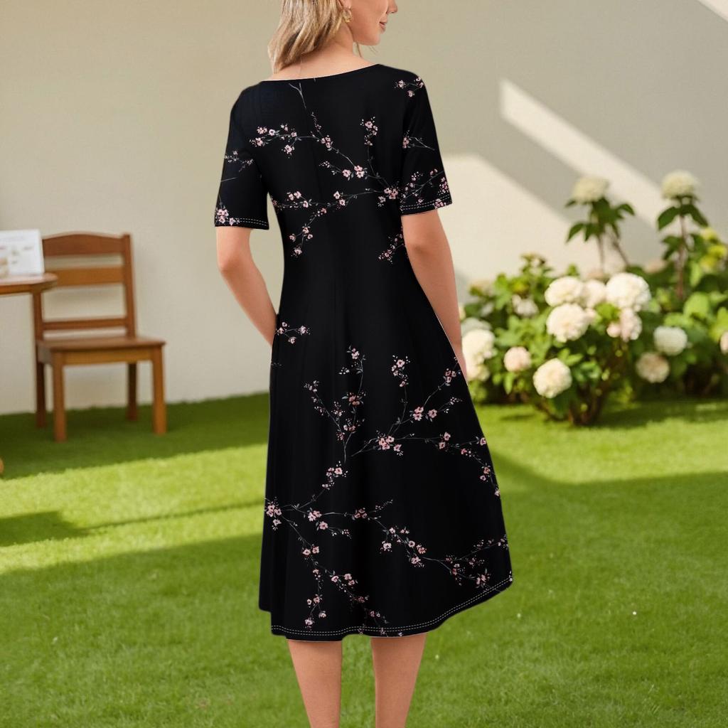 Women's Casual Fashion Round Neck Short Sleeve Floral Print Midi Dress