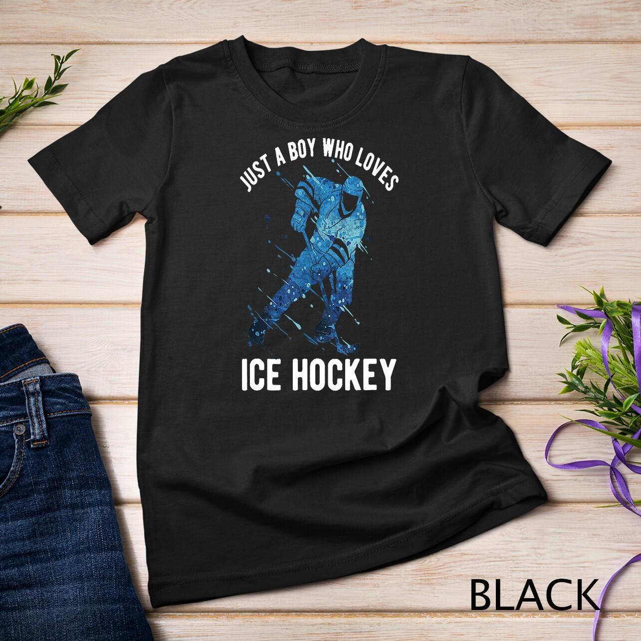 Just A Boy Who Loves Ice Hockey T-Shirt Mens Womens Tees Top Unisex T-Shirt Mens Womens Tees Top S