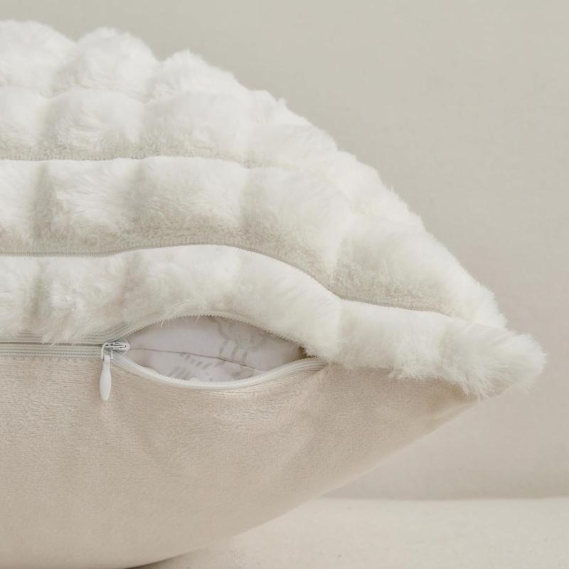 Winter New Imitation Rabbit Fur Pillow Cover Solid Color Grid Splicing Jacquard Plush Square Cushion Cover White Soft Pillowcase