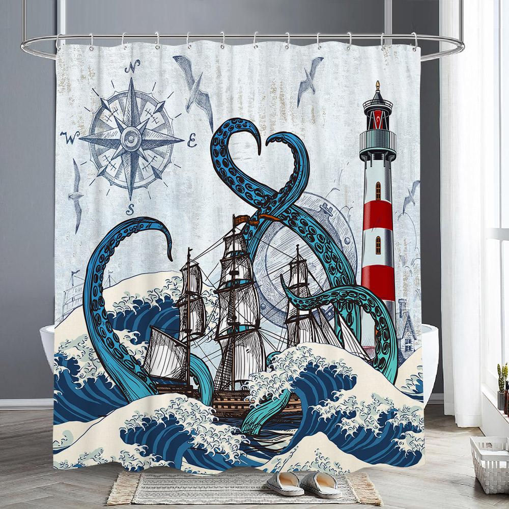 Nautical Octopus Shower Curtain Fun Giant Tentacles Sea Creatures Beach Pirate Maps Polyester Fabric Bath Curtain Bathroom Decor