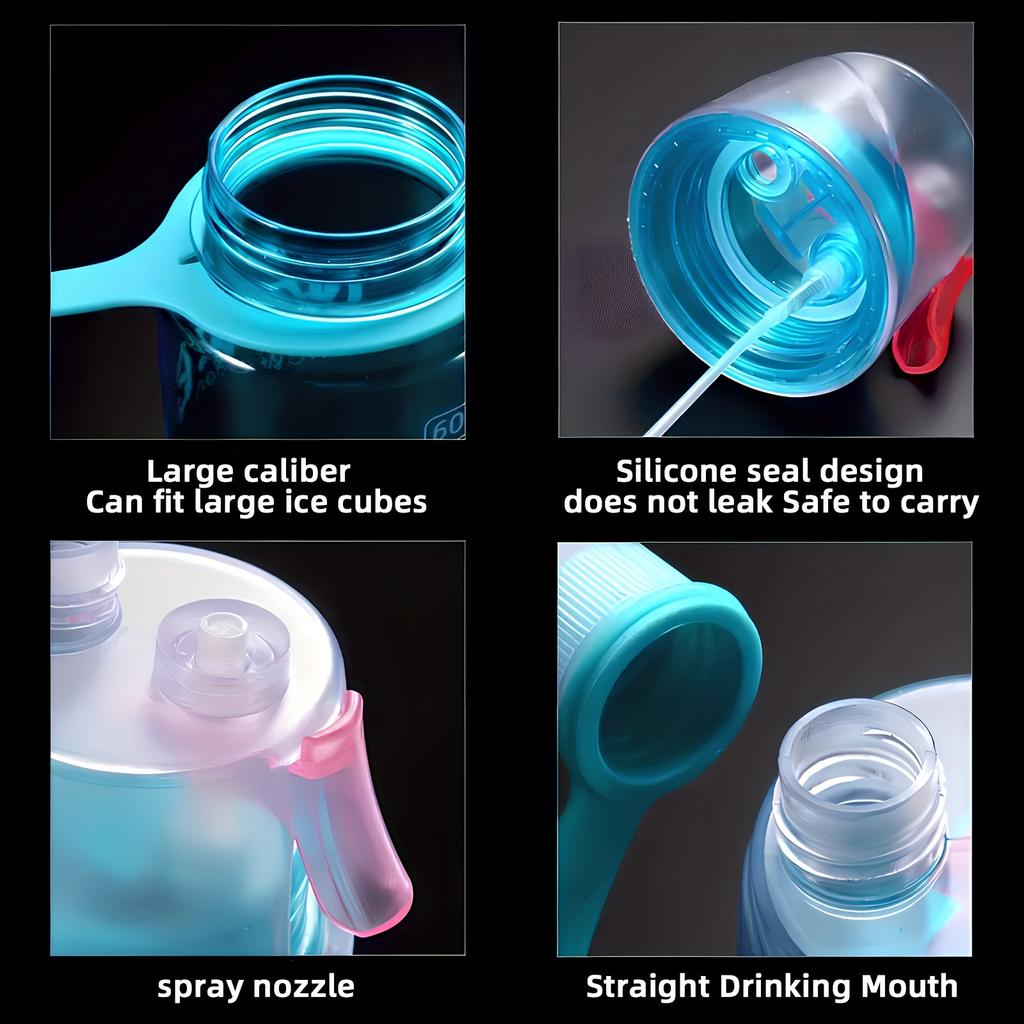 1/4 szt. Szczelne butelki na wodę 600 ml Butelka sportowa ze spryskiwaczem i znacznikiem czasu na zajęcia na świeżym powietrzu, fitness, przenośna butelka do picia