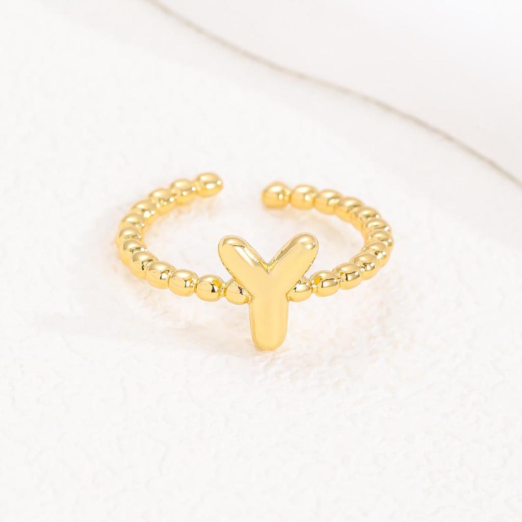 Adjustable 18K Gold Bubble Beaded Open Ring with 26 Alphabet Options