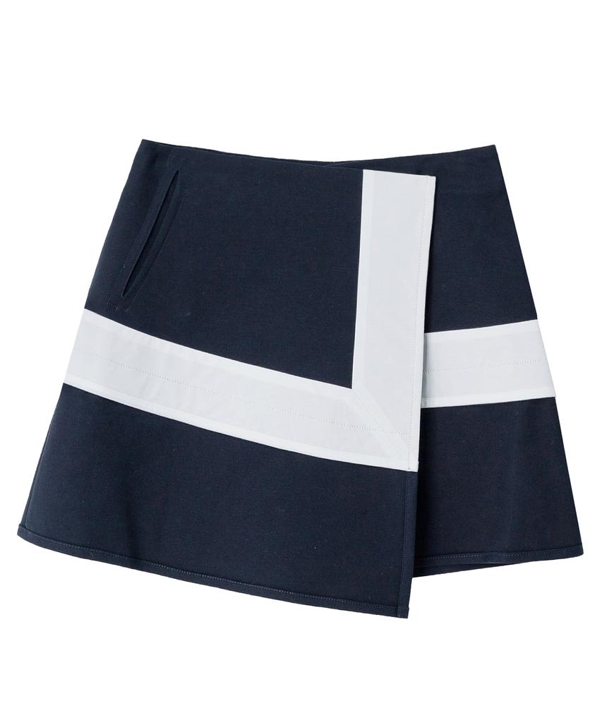 MAYOL Contrast Cotton Blend Wrap Skirt_Navy