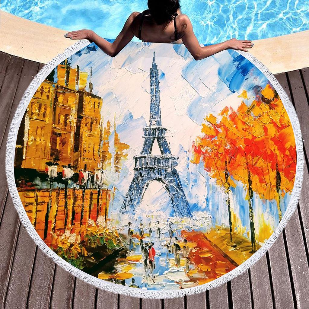 Landscape Art Oil Painting Round Beach Blanket Water Absorbent And Quick Drying Polyester Beach Towel Pool Towel Picnic Blanket