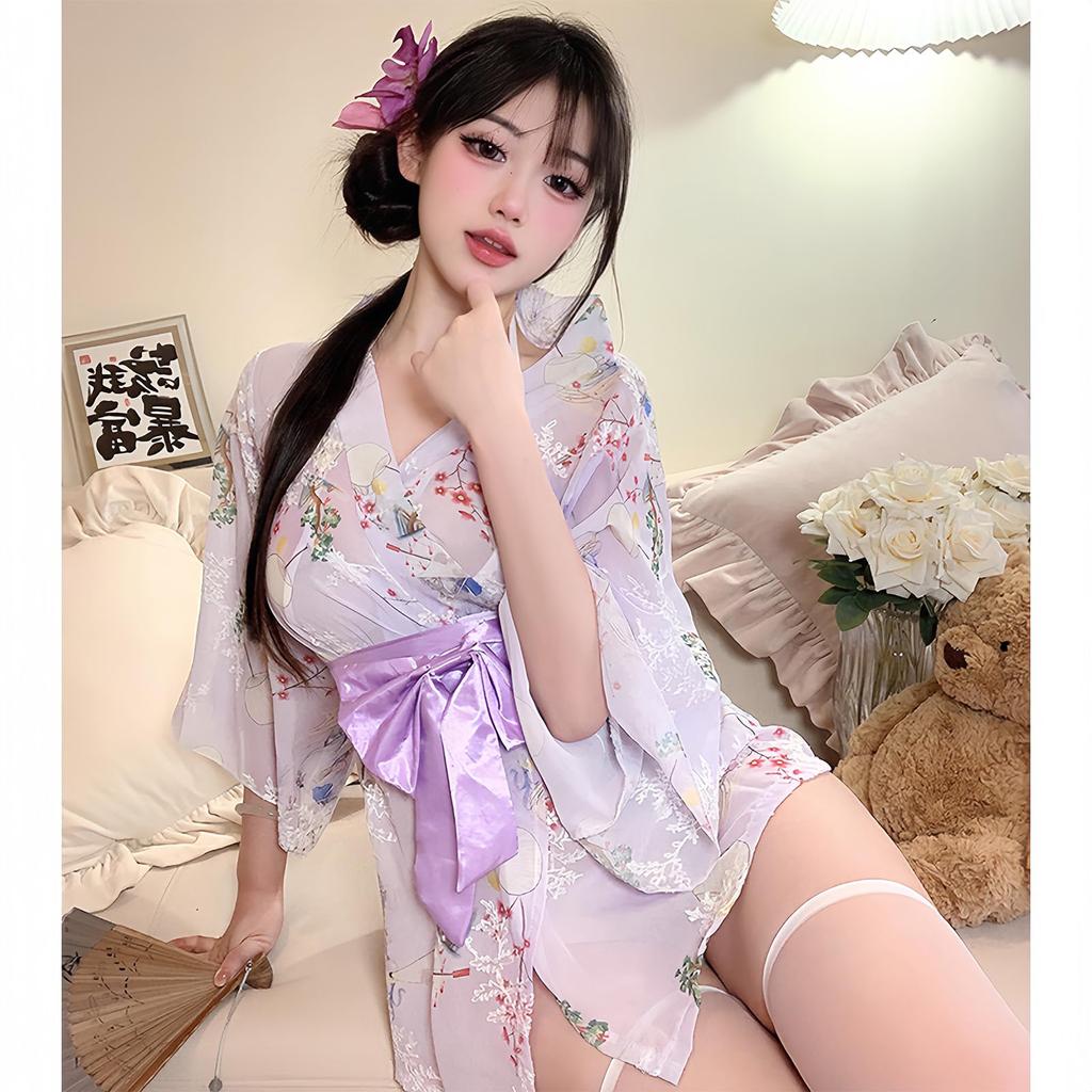 Sexy Yukata Cosplay Kimono Japanese Style Lingerie 4 Piece Set Bra Gown T One Size Fits Most Cosplay Costume Babydoll Cute Open Front Cute Japanese